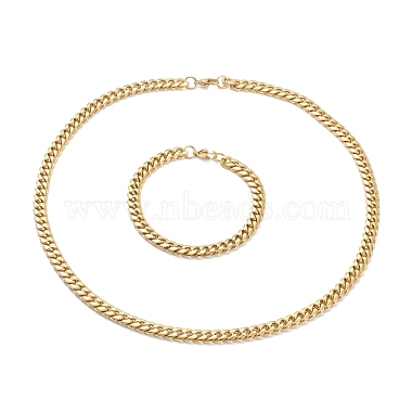 Ion Plating(IP) 304 Stainless Steel Cuban Link Chain Bracelets & Necklaces Jewelry Sets(SJEW-B019-03B-G)-2