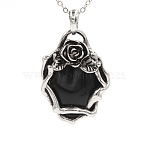 Retro Natural Obsidian Pendants, with Antique Silver Plated Brass Findings, Oval with Flower, 40x30x10mm(PW-WG52952-04)