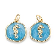 Brass Enamel Pendants, with Jump Rings, Long-Lasting Plated, Flat Round with Sea Horse, Deep Sky Blue, Real 18K Gold Plated, 17x14.5x2.5mm, Hole: 3.5mm(KK-A155-08G)