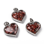 Glass Bottle Pendants, with Natural Red Jasper Chips and Platinum Plated Alloy Findings, Heart, 40x32.5x11mm, Hole: 8x5mm(X-G-Z010-02C)
