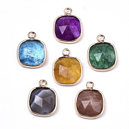 Natural Mixed Gemstone/Glass Pendants, with Light Gold Plated Brass Edge and Loop, Square, Faceted, Mixed Color, 14x11x5mm, Hole: 1.6mm(G-N326-46)