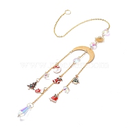 Christmas Theme Sun Catcher Glass Pendant Decorations, Artificial Crystal Hanging Ornament, with Brass and Iron Findings & Alloy Enamel Charms, Moon, Golden, 500mm(AJEW-A037-05G)