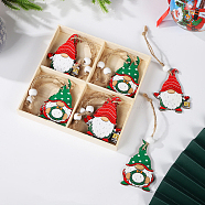 Christmas Wooden Gnome Box Set Pendant Decoration, with Hemp Rope and Wood Beads, for Christmas Tree Hanging Ornaments, Colorful, 60~65x40~50mm, 4style, 3pcs/style, 12pcs/box(XMAS-PW0001-174B)