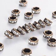 Brass Rhinestone Spacer Beads, Grade AAA, Straight Flange, Nickel Free, Antique Bronze Metal Color, Rondelle, Crystal, 4x2mm, Hole: 1mm(RB-A014-Z4mm-01AB-NF)