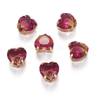 Sew on Rhinestone, Glass Rhinestone, with Golden Tone Brass Prong Settings, Garments Accessories, Faceted, Heart, Medium Violet Red, 12x11.5x7mm, Hole: 1mm(RGLA-J013-D01-008TO)