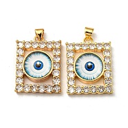 Real 18K Gold Plated Brass Pendants, with Glass and Acrylic, Rectangle with Evil Eye Charms, Light Blue, 27x20x7mm, Hole: 4.5x4mm(KK-L209-006G-05)