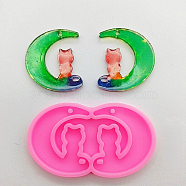 Moon with Cat Pendant Silicone Molds, Resin Casting Molds, for UV Resin & Epoxy Resin Jewelry Making, Hot Pink, 40.5x71x5mm, Hole: 2.5mm, Inner Diameter: 36x29mm(DIY-M034-14)