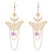 Alloy Butterfly with Natural Amethyst Tassel Dangle Earrings, Sun & Moon Long Drop Earrings for Women, Golden, 122x48mm, Pin: 0.8mm(JE983A)