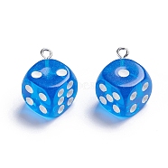 Transparent Resin Pendants, with Platinum Plated Iron Loops, Dice, Royal Blue, 23.5x19x19mm, Hole: 2mm(RESI-CJC0001-58J)