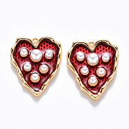 Brass Enamel Pendants, with ABS Plastic Imitation Pearl, Nickel Free, Heart, Real 18K Gold Plated, FireBrick, 17x13.5x4mm, Hole: 1mm(KK-T049-054G-01-NF)