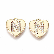 Brass Micro Pave Clear Cubic Zirconia Charms, Nickel Free, Real 18K Gold Plated, Flat Heart, Letter.N, 10x10x1mm, Hole: 1mm(KK-N231-234N-NF)