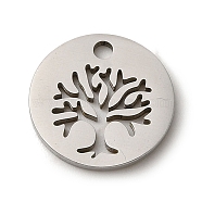 201 Stainless Steel Pendants, Laser Cut, Flat Round with Tree Charm, Stainless Steel Color, 12x1mm, Hole: 1.5mm(STAS-E217-20P-02)
