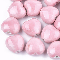 Handmade Porcelain Beads, Bright Glazed Porcelain Style, Heart, Pink, 14~15x16x9~10mm, Hole: 2mm(X-PORC-S498-16A-02)