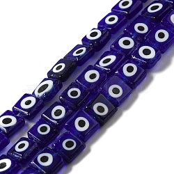 Handmade Evil Eye Lampwork Beads Strands, Square, Midnight Blue, 5.5~6x5.5~6x2.5mm, Hole: 1.2mm, about 66pcs/strand, 15.35 inch(39cm)(LAMP-F026-02A)