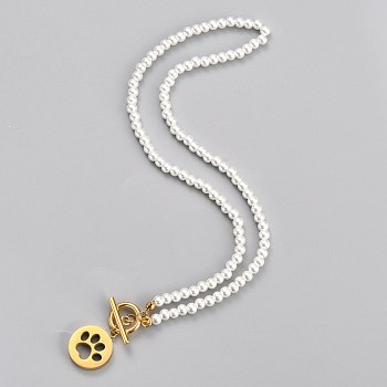 304 Stainless Steel Pendant Necklaces, with Acrylic Imitation Pearl Round Beads and Toggle Clasps, Flat Round with Dog Paw Print, White, Golden, 17.95 inch(45.6cm)