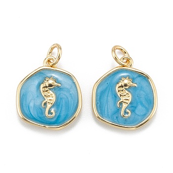 Brass Enamel Pendants, with Jump Rings, Long-Lasting Plated, Flat Round with Sea Horse, Deep Sky Blue, Real 18K Gold Plated, 17x14.5x2.5mm, Hole: 3.5mm