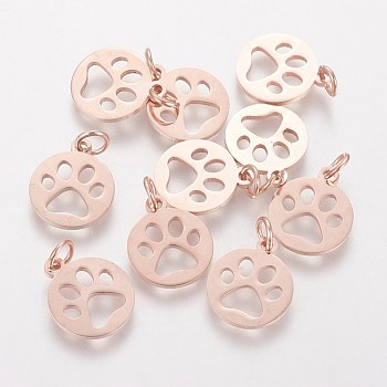 304 Stainless Steel Pendants, Flat Round with Dog Paw Prints, Rose Gold, 14x12x1.1mm, Hole: 4mm