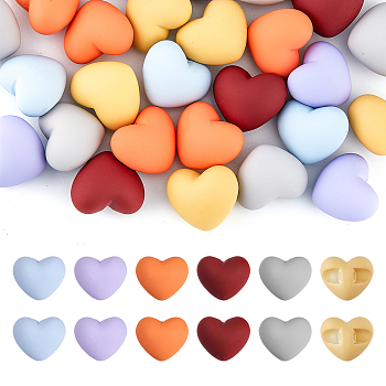 48Pcs 6 Colors Rubberized Style Opaque Acrylic Beads, Heart, Mixed Color, 24x24mm, 8pcs/color