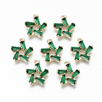 Brass Micro Pave Cubic Zirconia Charms, Light Gold, Long-Lasting Plated, Cadmium Free & Lead Free, Star, Green, 14x12x3mm, Hole: 1.2mm