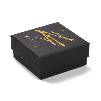 Hot Stamping Cardboard Jewelry Packaging Boxes, with Sponge Inside, for Rings, Small Watches, Necklaces, Earrings, Bracelet, Square, Black, 7.5x7.5x3.5cm