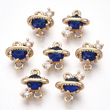 Golden Tone Brass Links connectors, with Glass, Faceted, Planet, Medium Blue, 10x9x5mm, Hole: 1.2mm