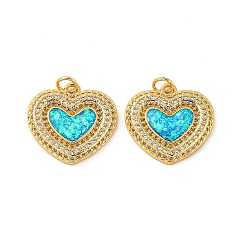 Valentine's Day Brass Micro Pave Cubic Zirconia with Synthetic Opal Pendants, with Jump Ring, Flat Round, Real 18K Gold Plated, 19x19.5x3mm