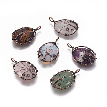 Natural & Synthetic Mixed Stone Pendants, with Brass Findings, Oval with Tree, Red Copper, 43.5x26x9mm, Hole: 5.5x4mm