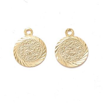 Rack Plating Eco-friendly Brass Charms, Lead Free & Cadmium Free, Long-Lasting Plated, Flat Round with Textured Pattern, Real 24K Gold Plated, 15x12x0.5mm, Hole: 1mm