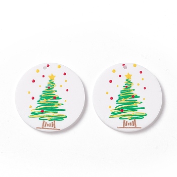 Christmas Acrylic Pendants, DIY Earrings Findings, Flat Round with Christmas Tree, Lime Green, 29.5x2mm, Hole: 1.4mm