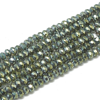 Electroplate Glass Beads Strands, Faceted, Rondelle, Dark Olive Green, 2.5x1.5mm, Hole: 0.8mm, about 160~165pcs/strand, 13.78 inch~14.17 inch(35~36cm)