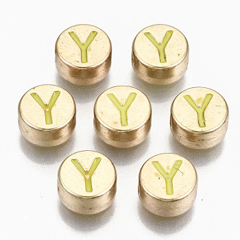 Alloy Enamel Beads, Cadmium Free & Lead Free, Flat Round with Initial Letters, Light Gold, Green Yellow, Letter.Y, 8x4mm, Hole: 1.5mm