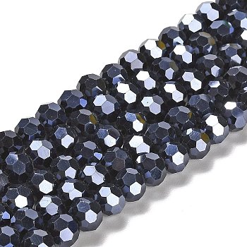 Electroplate Opaque Glass Beads Strands, Faceted(32 Facets), Pearl Luster Plated, Round, Black, 8mm, Hole: 1mm, about 66~69pcs/strand, 19.29~19.57 inch(49~49.7cm)