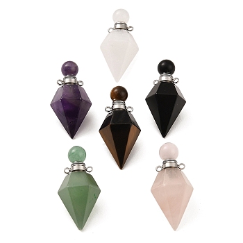 Natural Mixed Stone Openable Perfume Bottle Pendants, Faceted Diamond Perfume Bottle Charms, with Stainless Steel Color Tone 304 Stainless Steel Findings, 37~38.5x18~19mm, Hole: 1.8mm