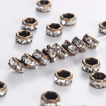Brass Rhinestone Spacer Beads, Grade AAA, Straight Flange, Nickel Free, Antique Bronze Metal Color, Rondelle, Crystal, 4x2mm, Hole: 1mm