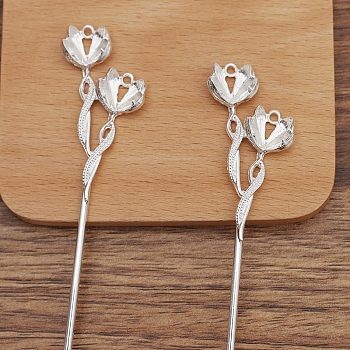 Iron Hair Stick Findings, with Alloy Cabochons Setting, Flower, Silver, 163x28mm, Tray: 10mm