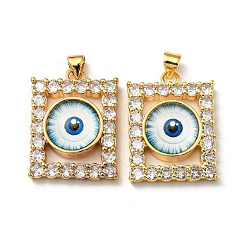 Real 18K Gold Plated Brass Pendants, with Glass and Acrylic, Rectangle with Evil Eye Charms, Light Blue, 27x20x7mm, Hole: 4.5x4mm