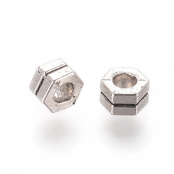 Tibetan Style Alloy Beads, Hexagon, Antique Silver, 6x7x4mm, Hole: 3mm