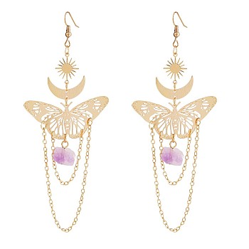 Alloy Butterfly with Natural Amethyst Tassel Dangle Earrings, Sun & Moon Long Drop Earrings for Women, Golden, 122x48mm, Pin: 0.8mm