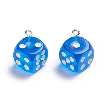Transparent Resin Pendants, with Platinum Plated Iron Loops, Dice, Royal Blue, 23.5x19x19mm, Hole: 2mm