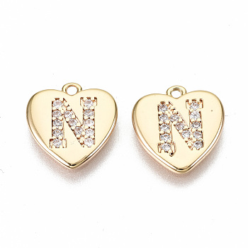Brass Micro Pave Clear Cubic Zirconia Charms, Nickel Free, Real 18K Gold Plated, Flat Heart, Letter.N, 10x10x1mm, Hole: 1mm