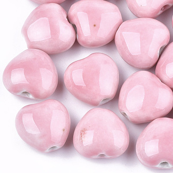 Handmade Porcelain Beads, Bright Glazed Porcelain Style, Heart, Pink, 14~15x16x9~10mm, Hole: 2mm
