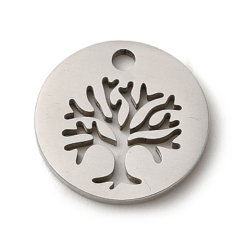 201 Stainless Steel Pendants, Laser Cut, Flat Round with Tree Charm, Stainless Steel Color, 12x1mm, Hole: 1.5mm