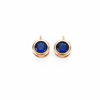 Brass Charms, with Rhinestone, Nickel Free, Flat Round, Real 18K Gold Plated, Capri Blue, 7x5x3mm, Hole: 1mm