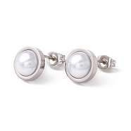 6 Pair Shell Pearl Half Round Stud Earrings, 304 Stainless Steel Post Earrings for Women, White, Stainless Steel Color, 10mm, Pin: 1mm(EJEW-A067-19P)