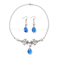 Pearl & Teardrop Glass Jewelry Set, Natural Pearl Dangle Earrings & Alloy Flower Pendant Necklace, Platinum, 455mm, 63x13mm(SJEW-JS01291)
