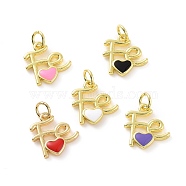 Rack Plating Brass Enamel Charms, with Jump Ring, Long-Lasting Plated, Real 18K Gold Plated, Cadmium Free & Lead Free, Word Fe with Heart, Mixed Color, 13.5x12.5x2.5mm, Jump Ring: 5x0.8mm, Inner Diameter: 3mm(KK-C008-18G)