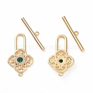 Brass Pave Green Cubic Zirconia Toggle Clasps, Flower Lock, Real 18K Gold Plated, Bar: 23x4x2mm, Hole: 1.2mm, Flower: 24.5x13.5x2.5mm, hole: 1mm(KK-E068-VC189)