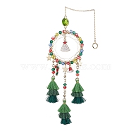 Christmas Theme Glass Beaded & Alloy Enamel Charm Hanging Ornaments, Polycotton Christmas Tree Tassel Pendant Decorations, Golden, 312mm(HJEW-TA00245)