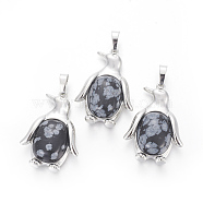 Natural Snowflake Obsidian Pendants, with Brass Findings, Penguin, Platinum, 34~35x24~25x5~8mm, Hole: 8x5mm(G-L512-A08)