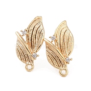 Brass with Clear Cubic Zirconia Stud Earring Findings, Leaf, Real 18K Gold Plated, 17x9mm, Hole: 1mm, Pin: 0.7x10.5mm(KK-G491-57A-G)
